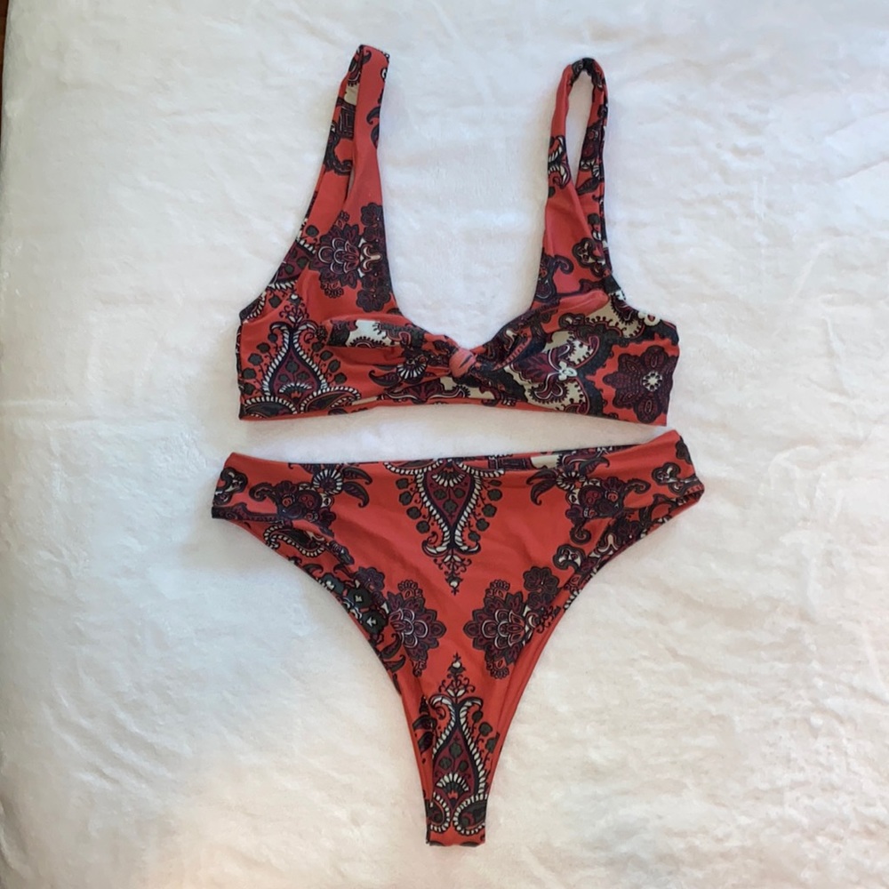 deep orange patterned two piece bikini